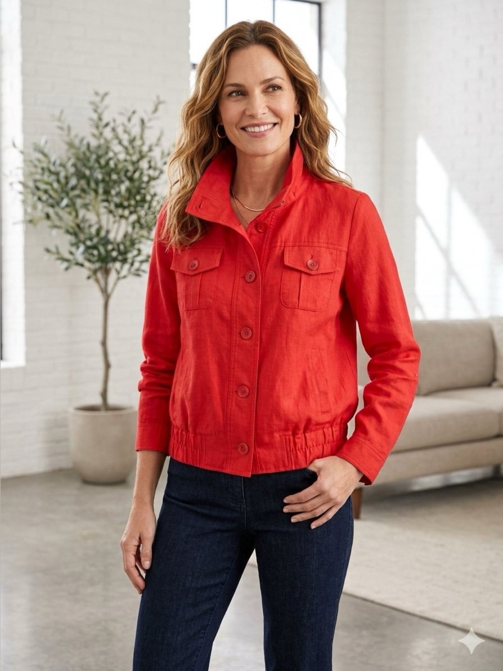Chico’s Red Button Up Collared Lightweight Jacket